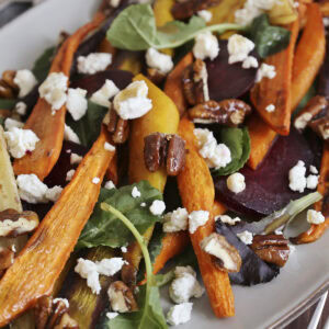 Close up of a roasted beet and carrot salad.
