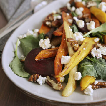 Close up of a roasted beet and carrot salad.