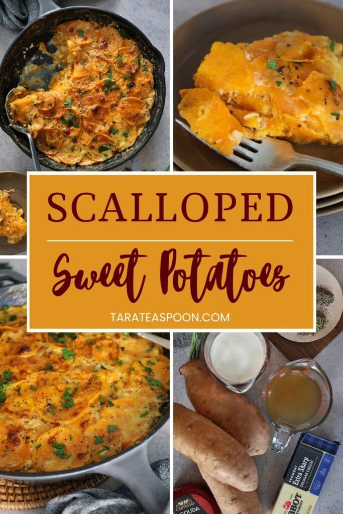 Pinterest graphic for Scalloped Sweet Potatoes recipe on Tara Teaspoon.