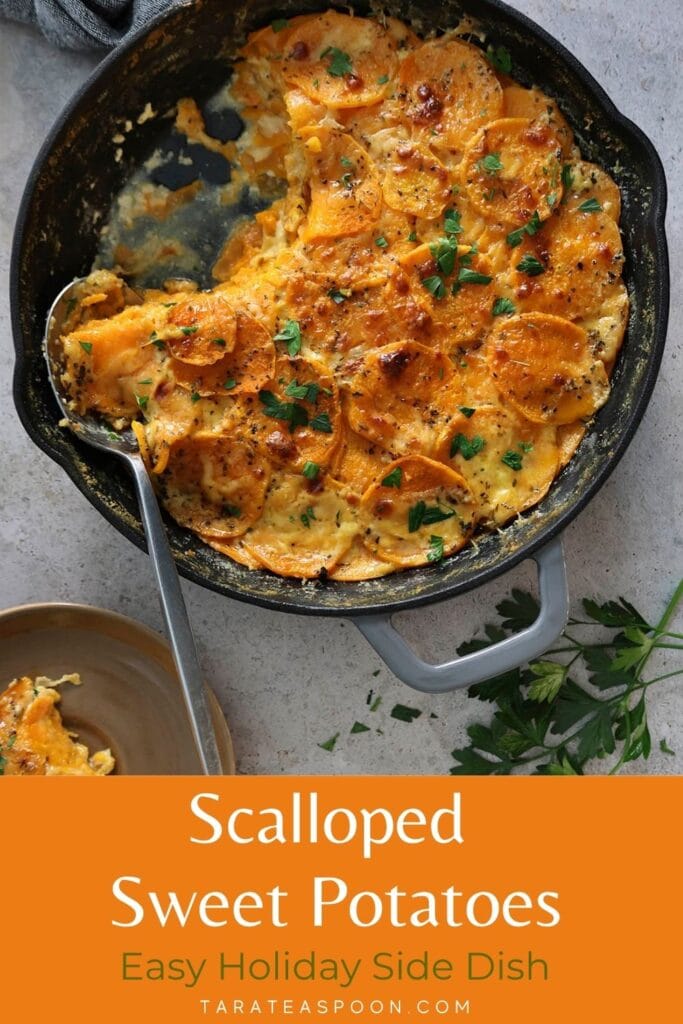 Pinterest graphic for Scalloped Sweet Potatoes recipe on Tara Teaspoon.