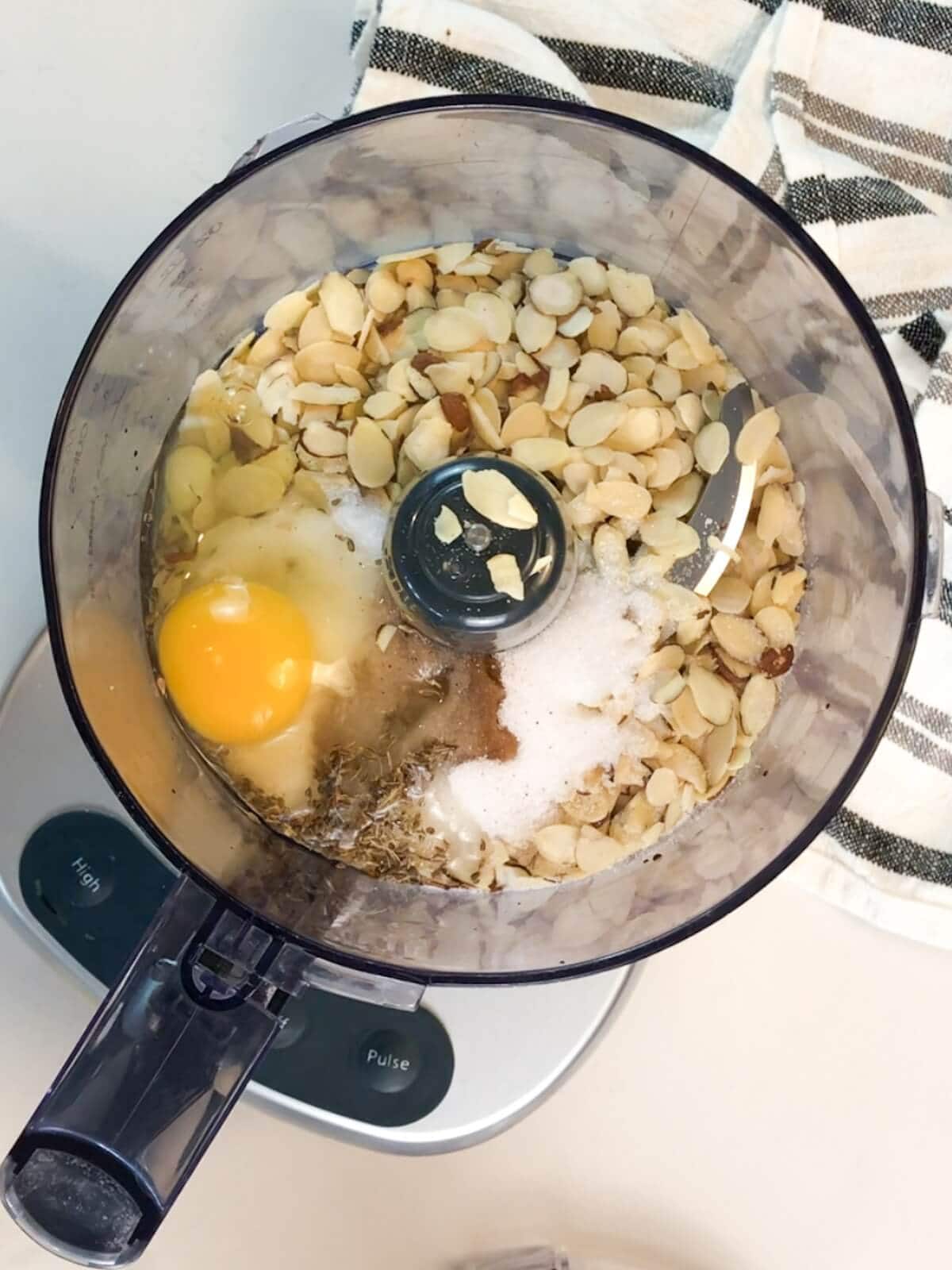 Ingredients for frangipane in a food processor.