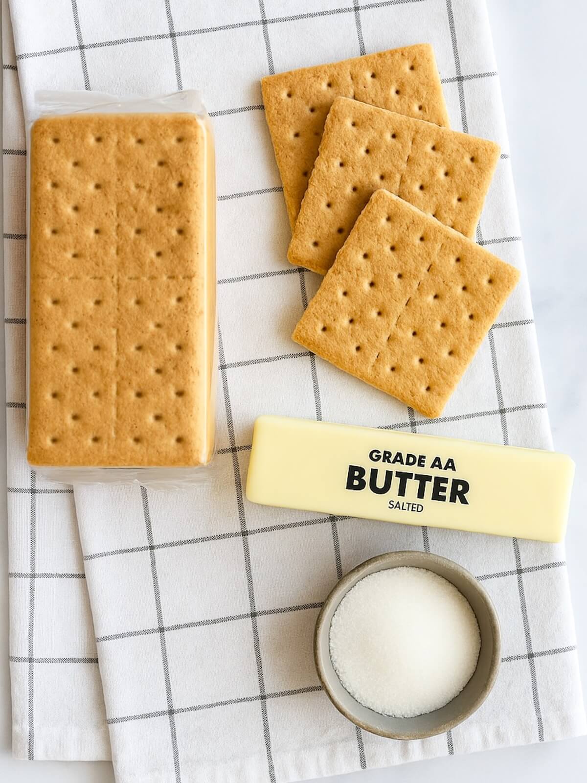 Ingredients needed to make a graham cracker pie crust.