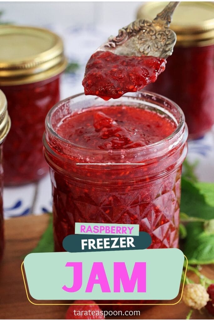 Pinterest graphic for Raspberry Freezer Jam recipe on Tara Teaspoon.