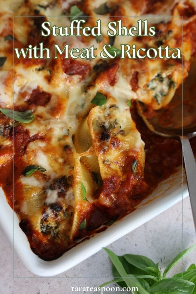 Pinterest graphic for Stuffed Shells with Meat and Ricotta recipe on Tara Teaspoon