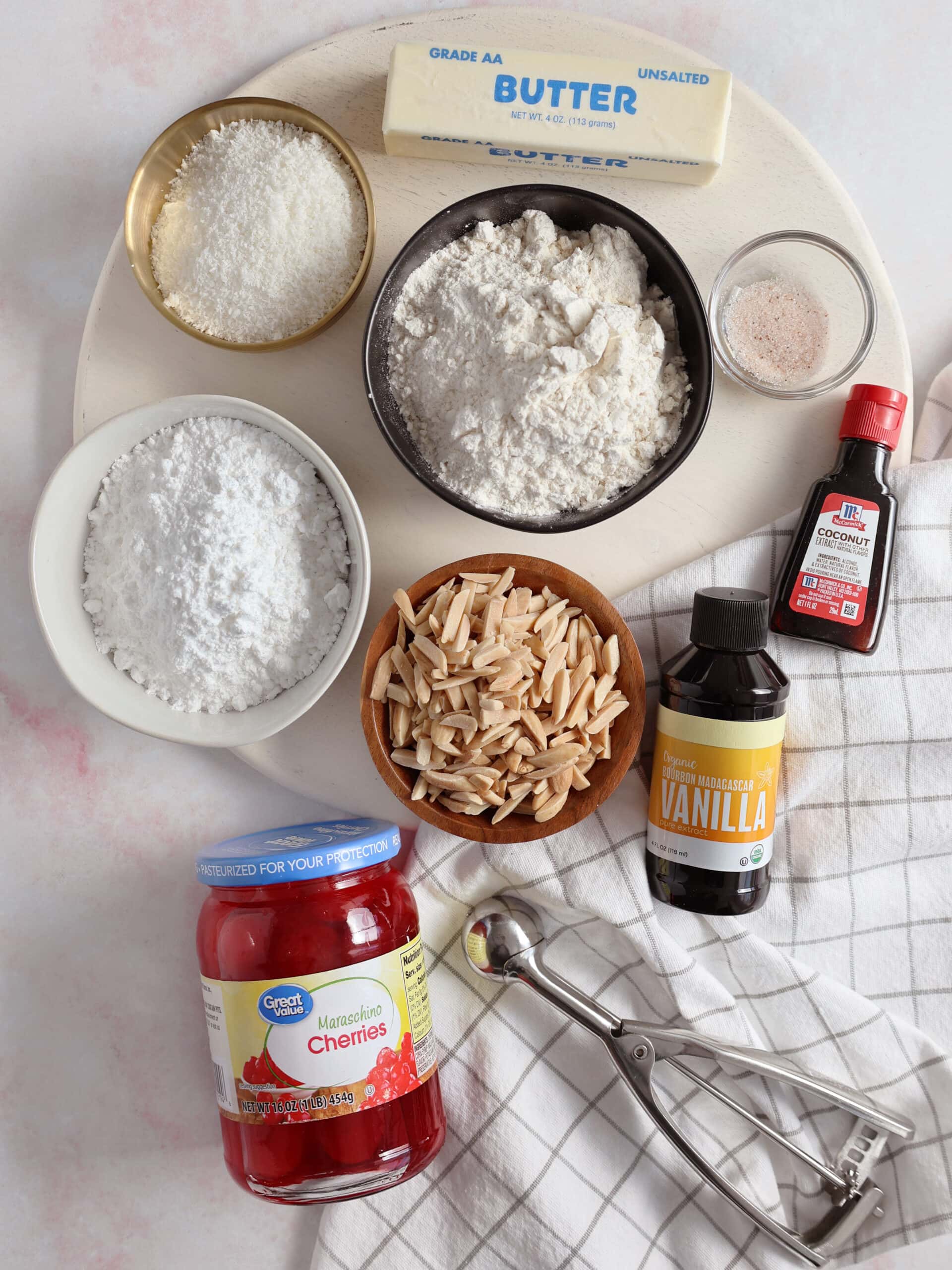 Ingredients needed to make cherry almond cookies.