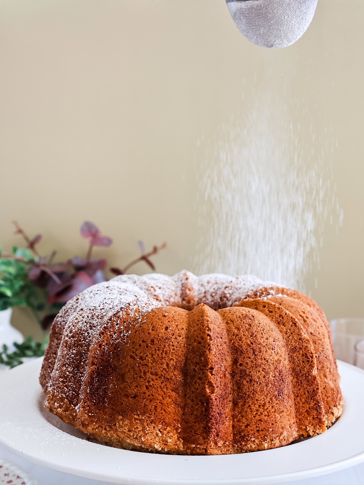 A bundt cake being sprinkled with powdered sugar.