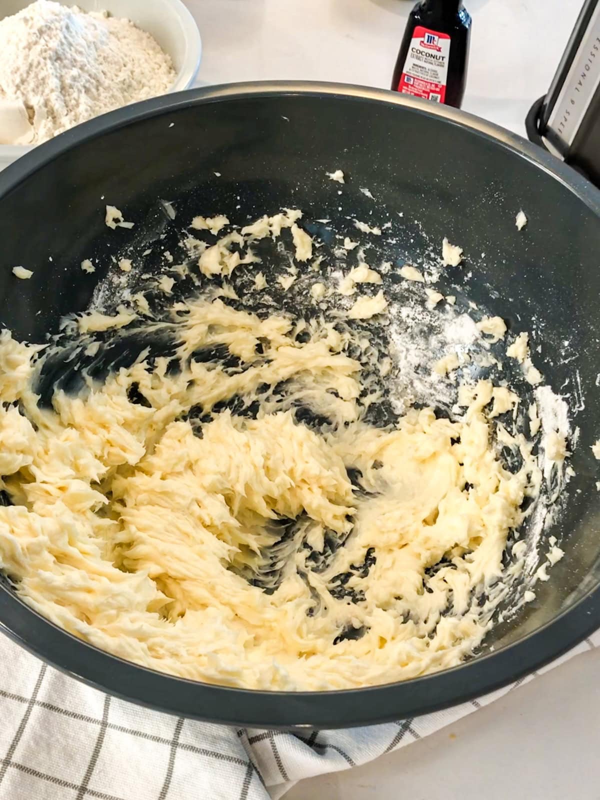 Creamed butter and sugar in a mixing bowl.