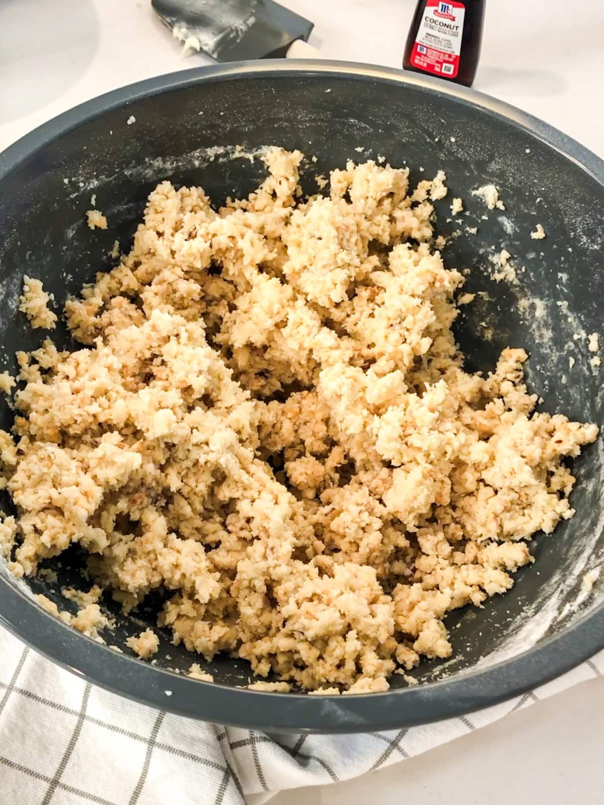 Cookie dough in a mixing bowl.