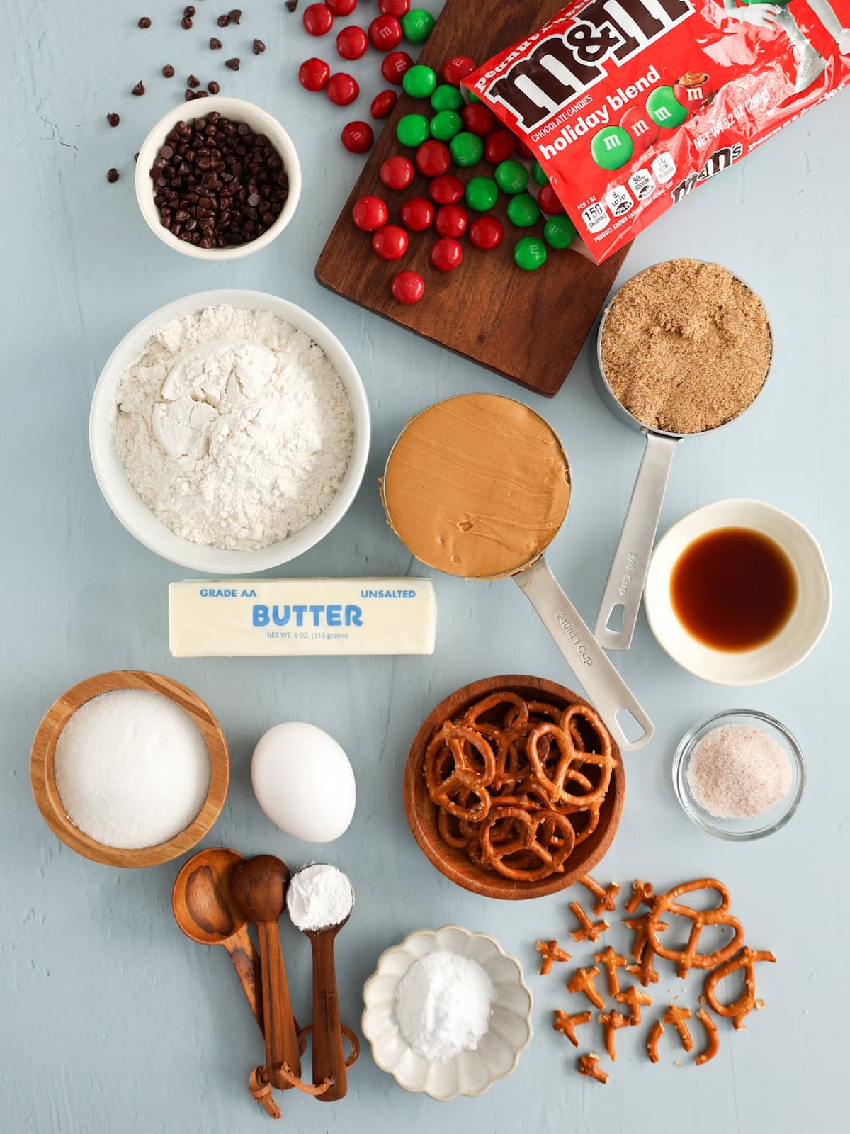 Ingredients for peanut butter cookies made into rudolf reindeer treats.