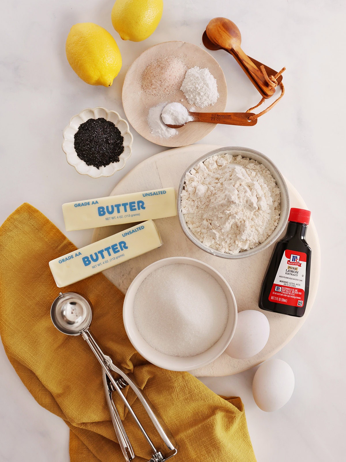 Overhead view of ingredients needed to make Lemon Poppyseed Cookies.