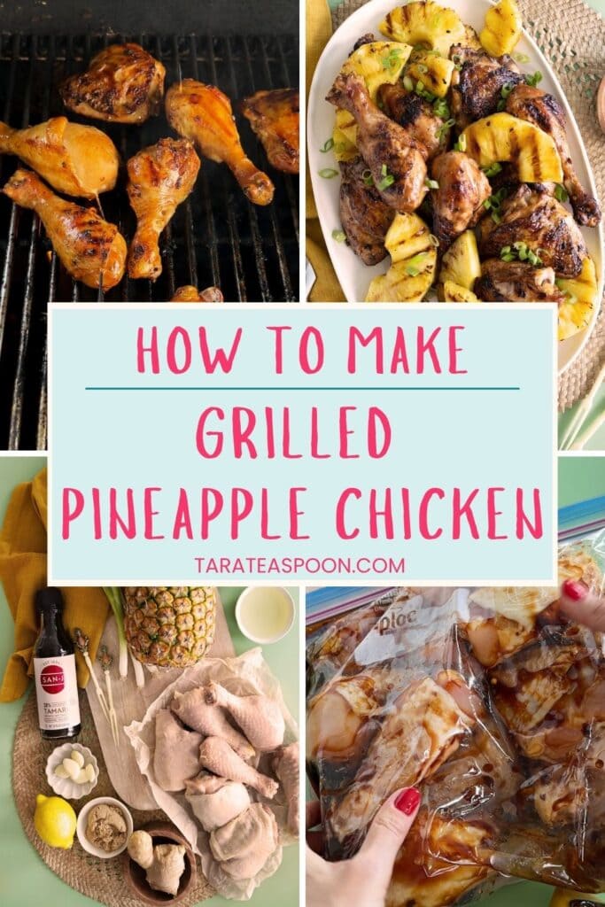 Pinterest graphic for Tropical Chicken with Grilled Pineapple recipe on Tara Teaspoon