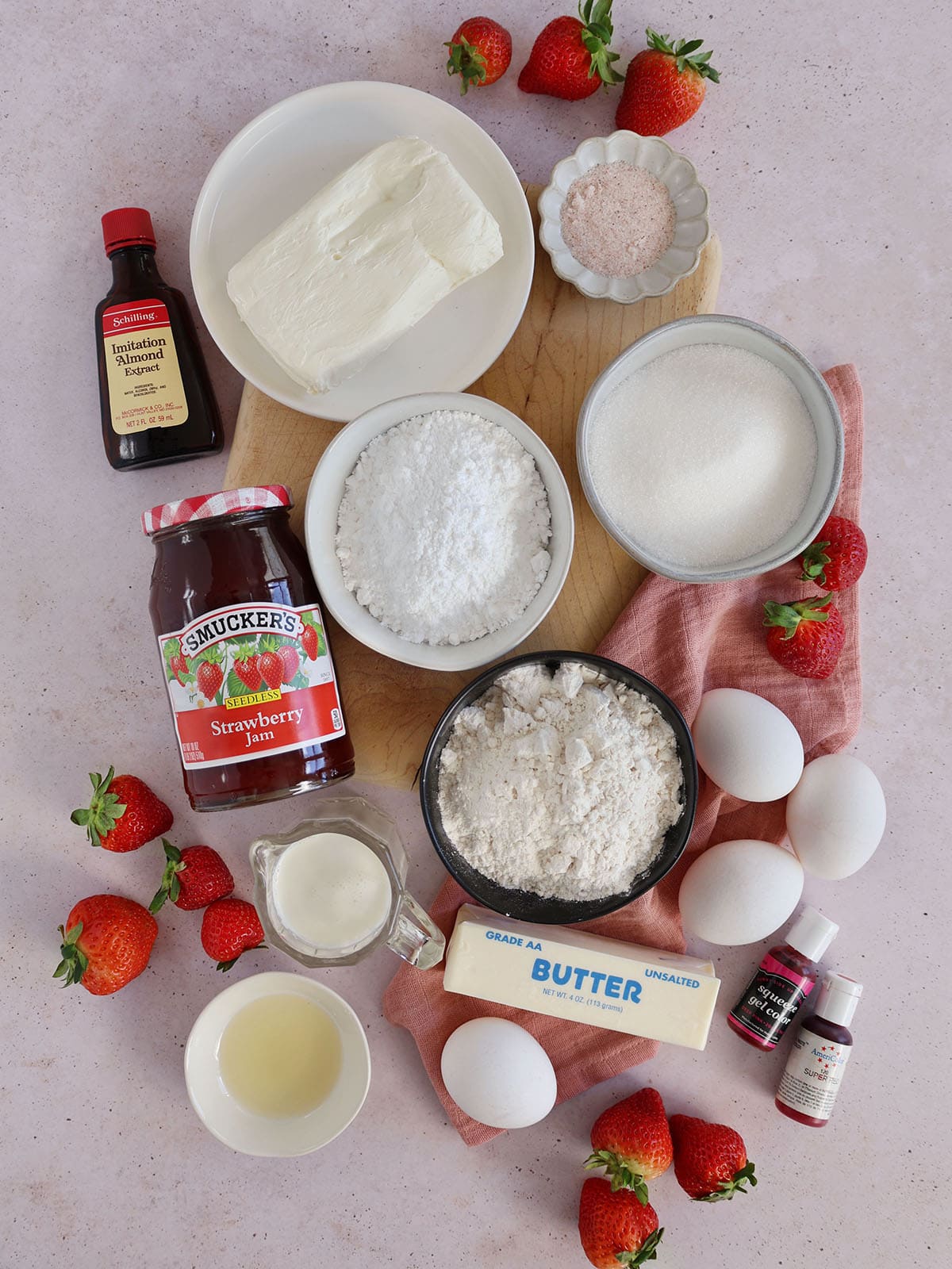 Ingredients needed to make a strawberry roll cake.