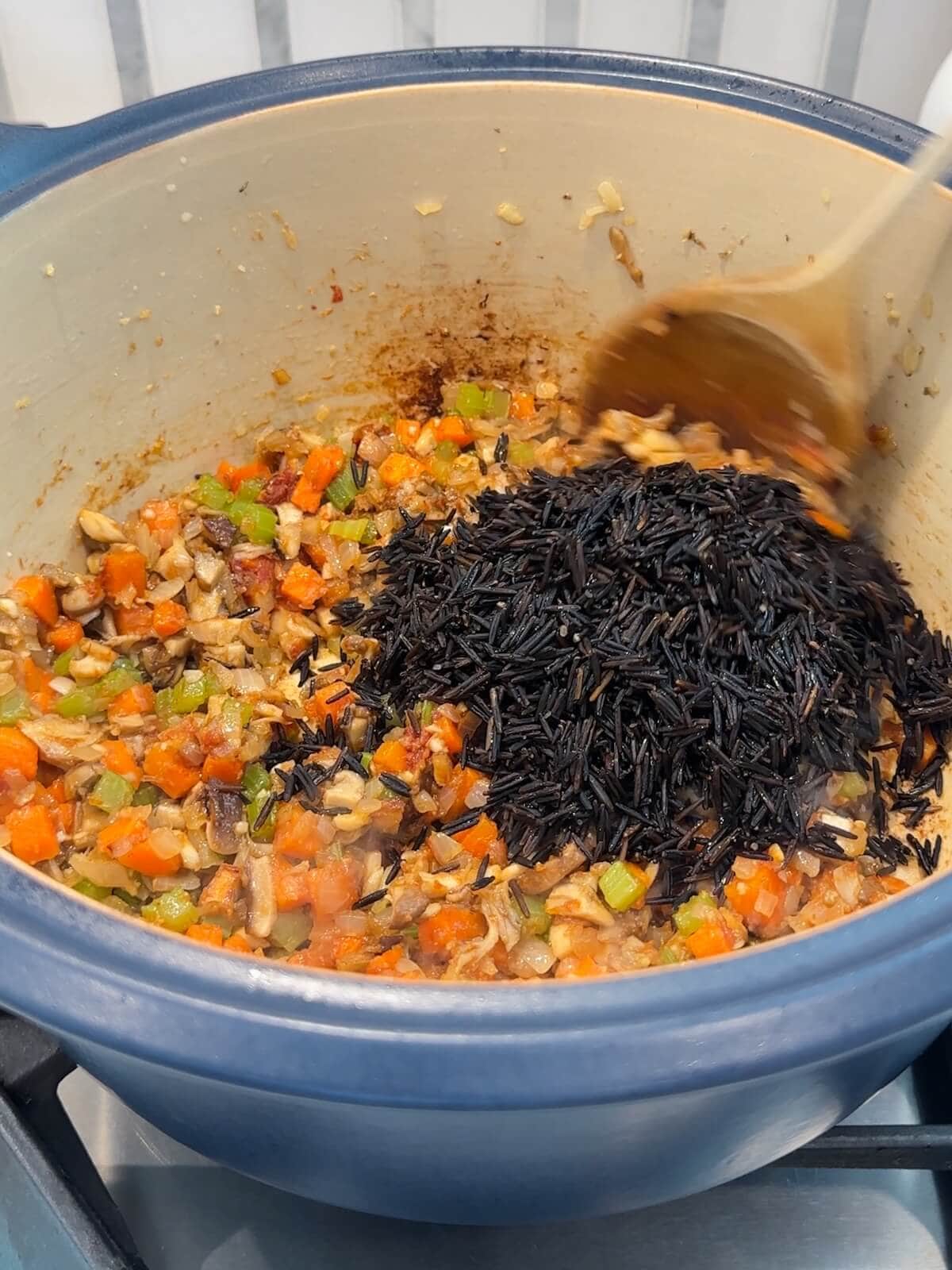 Add rinsed wild rice to saut&eacute;ed vegetables to make soup.