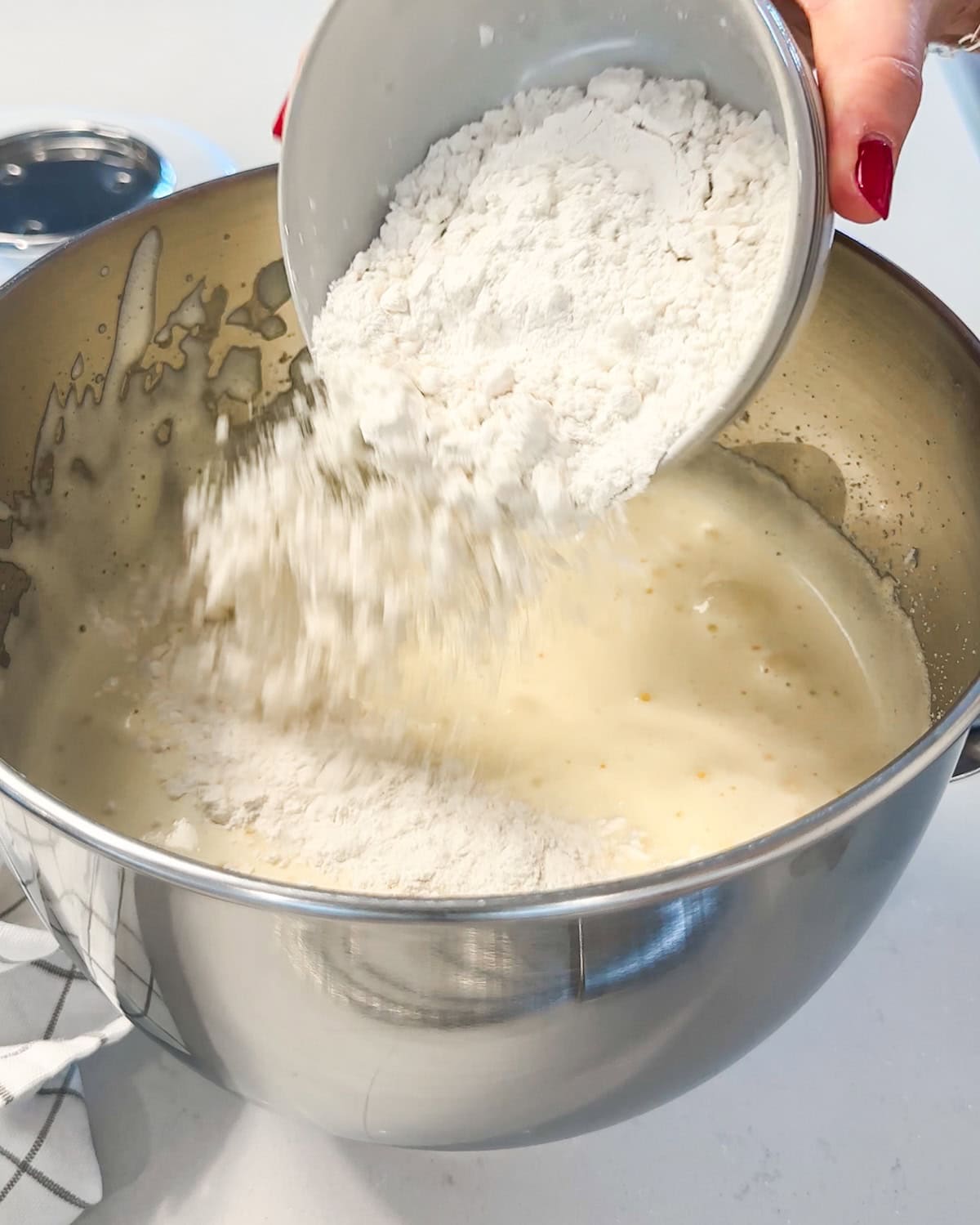 gently adding flour to whipped egg batter in mixing bowl.