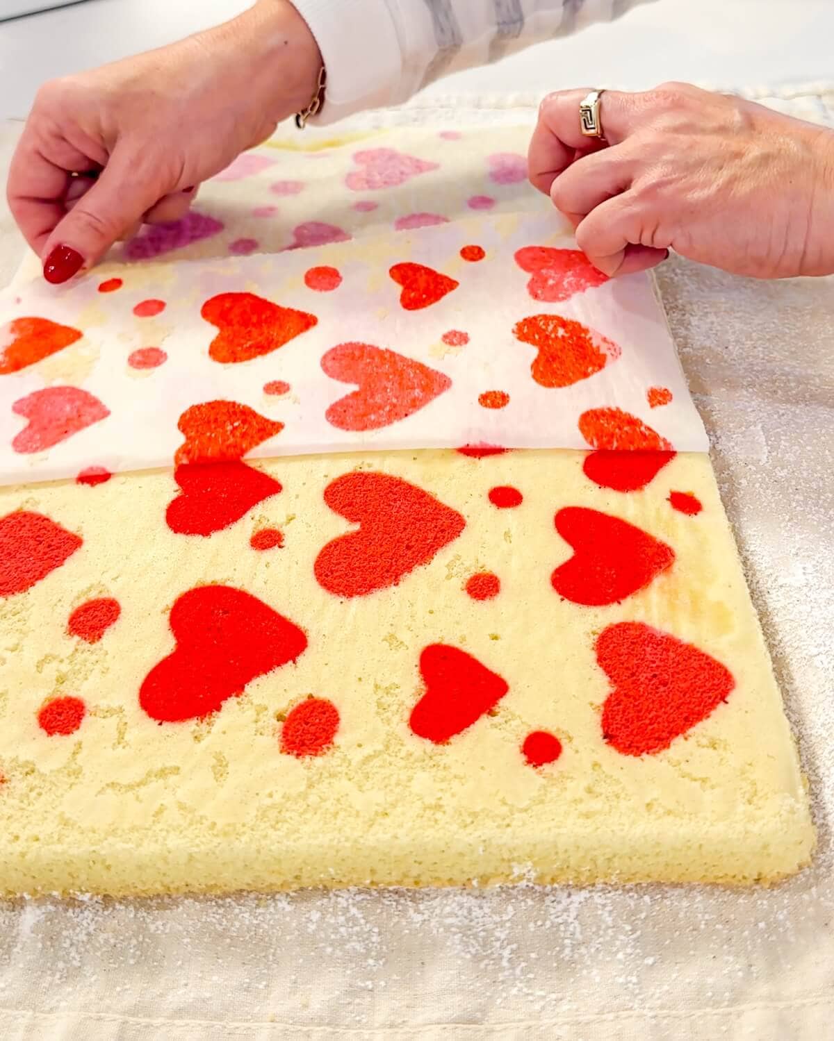 remove parchment from flipped cake for cake roll.