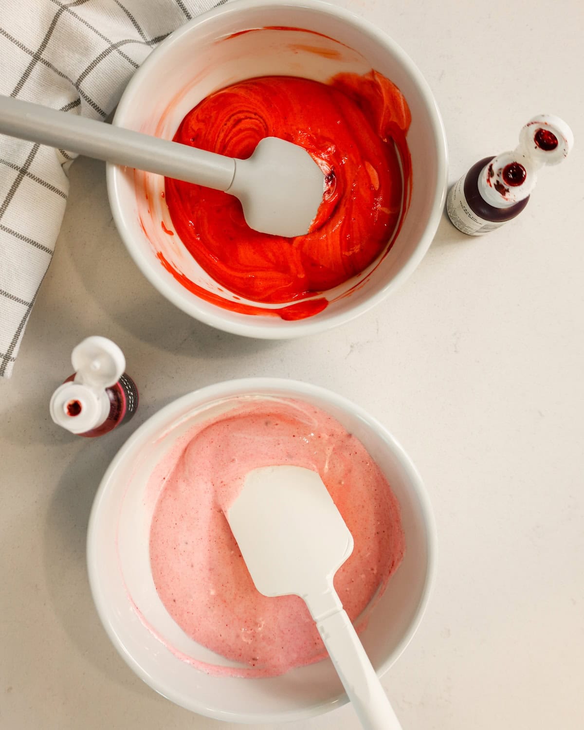 Divide batter in half and color each half a different shade or red or pink.