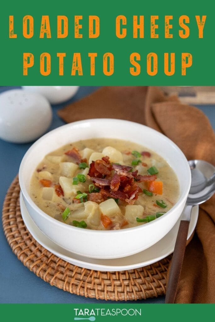 Potato Bacon Cheese soup pin with green background and orange writing.