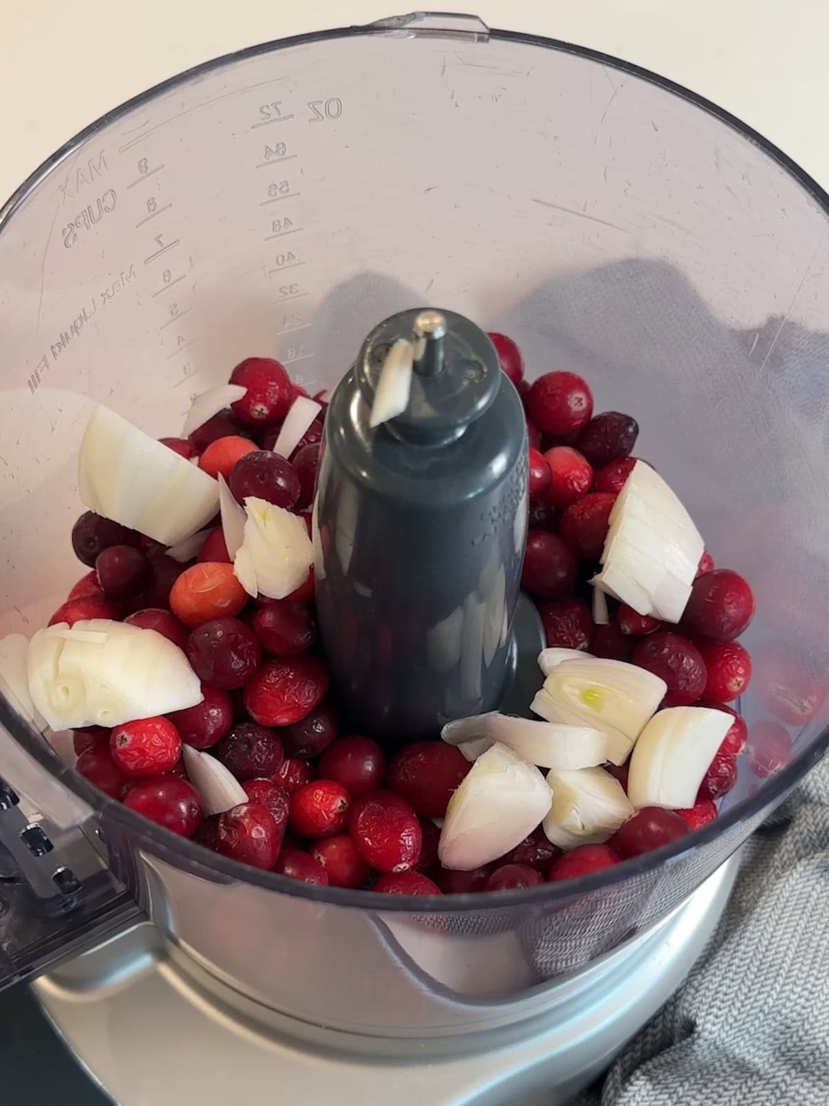 Blending whole cranberries and shallots in a food processor for cranberry relish.