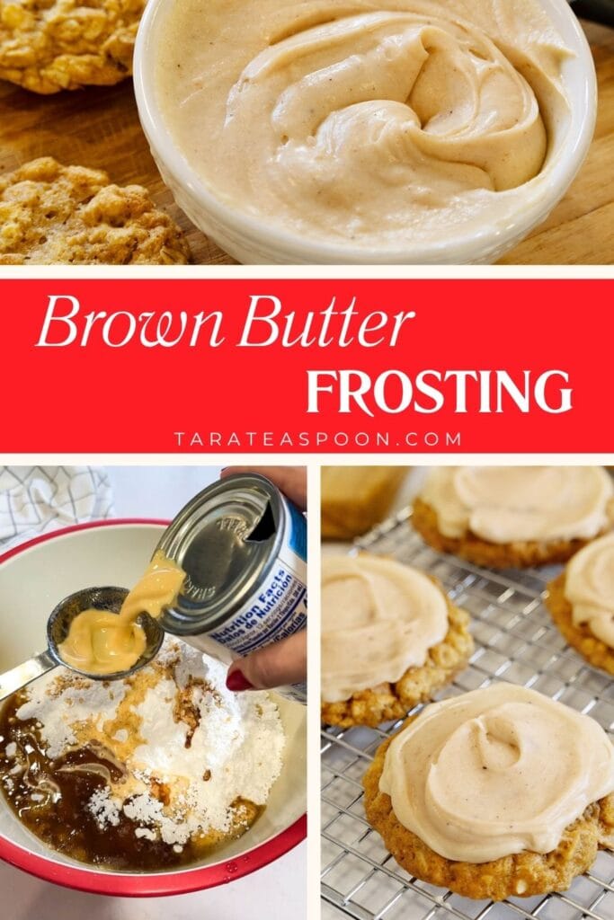 Pinterest graphic for Brown Butter Frosting recipe on Tara Teaspoon