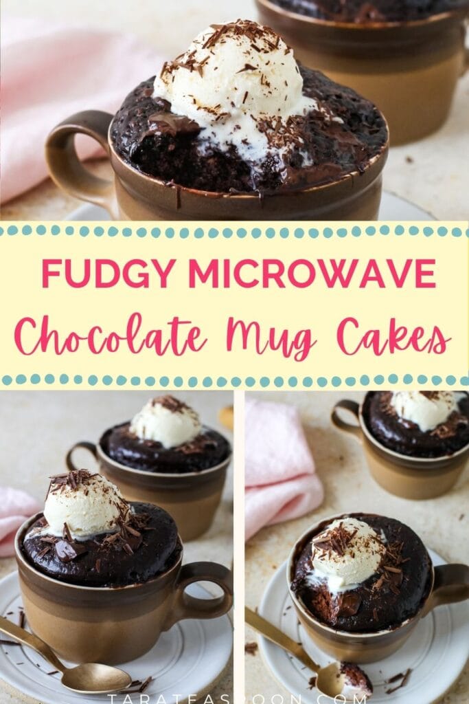 Pinterest graphic for Easy Chocolate Mug Cake recipe on Tara Teaspoon