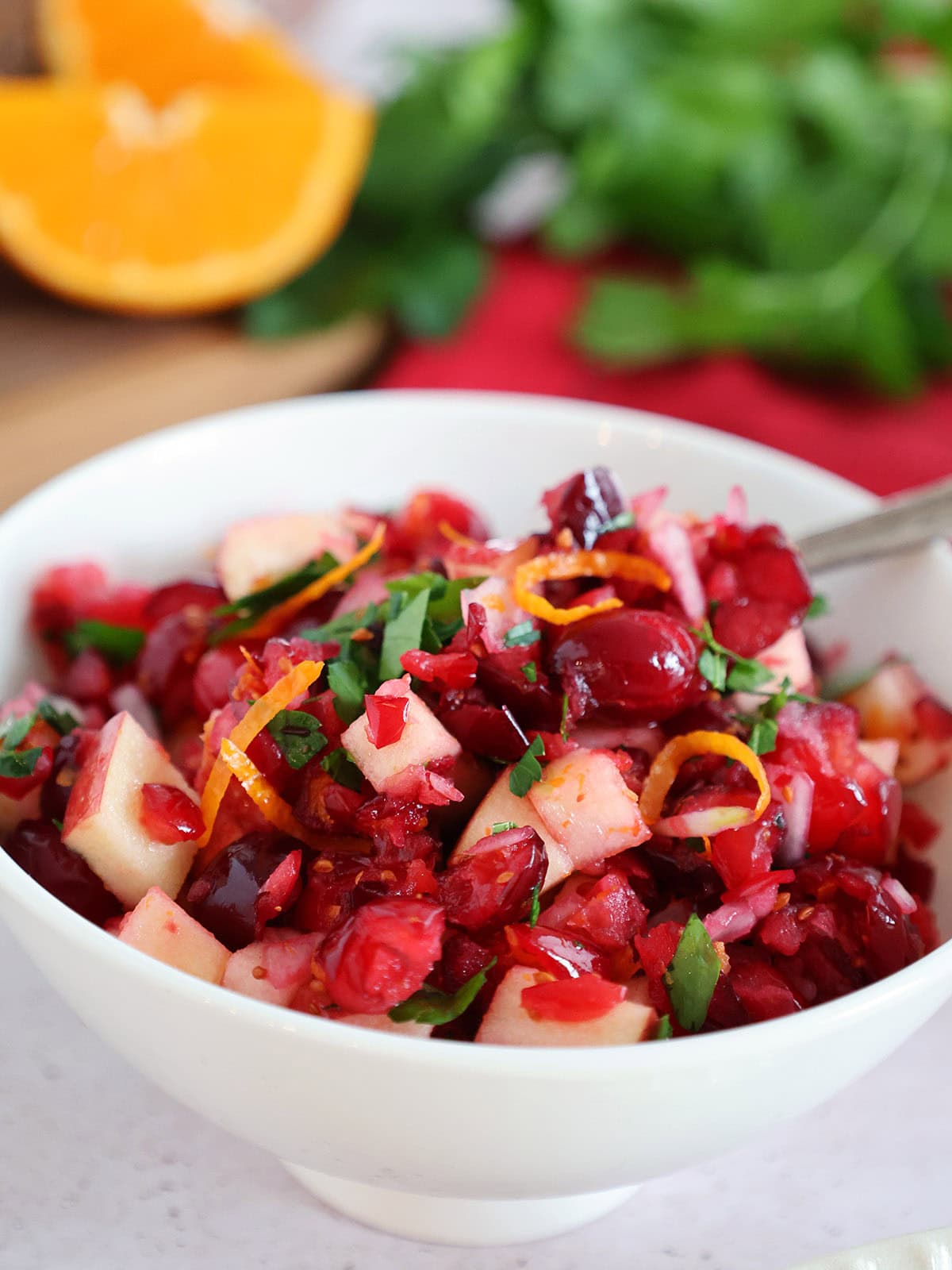 Close up of a bowl of cranberry relish. 