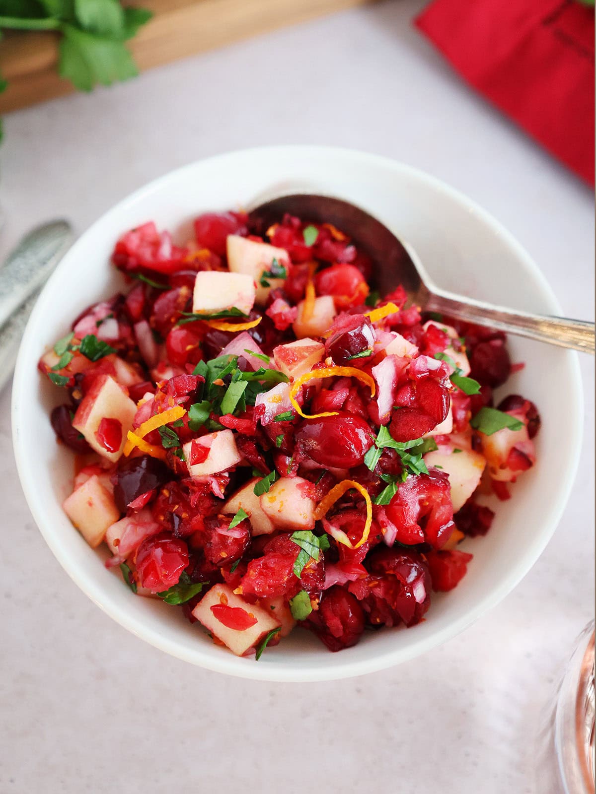 Close up of the top of a bowl of cranberry relish.