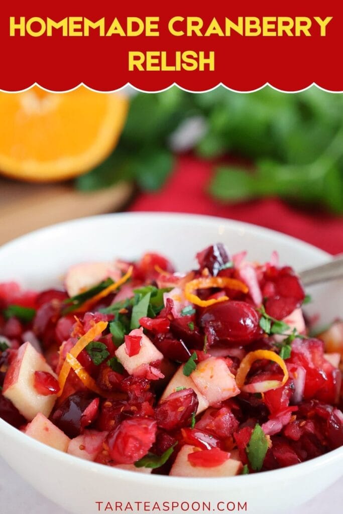 Pinterest graphic for easy cranberry relish on tara teaspoon
