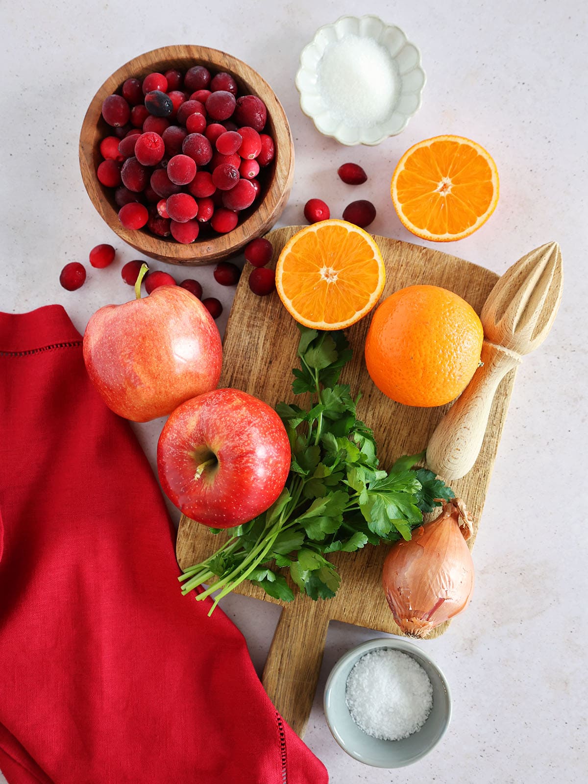 Top view of ingredients needed to make cranberry relish. 