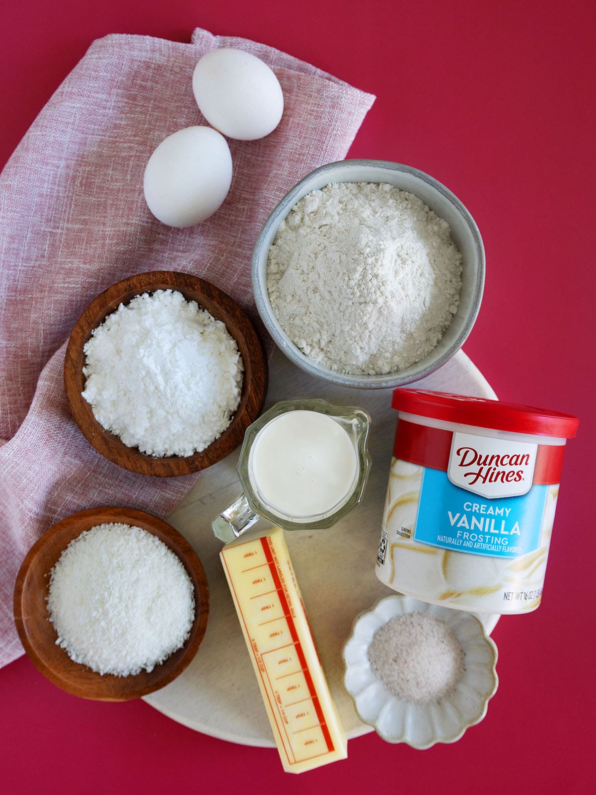 Ingredients needed to make coconut pirouettes.