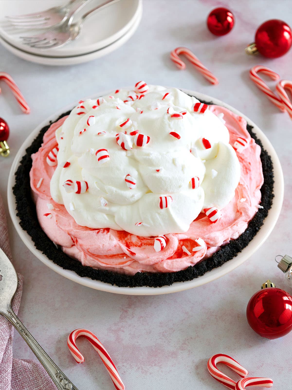 Peppermint pie piled high with whipped cream.