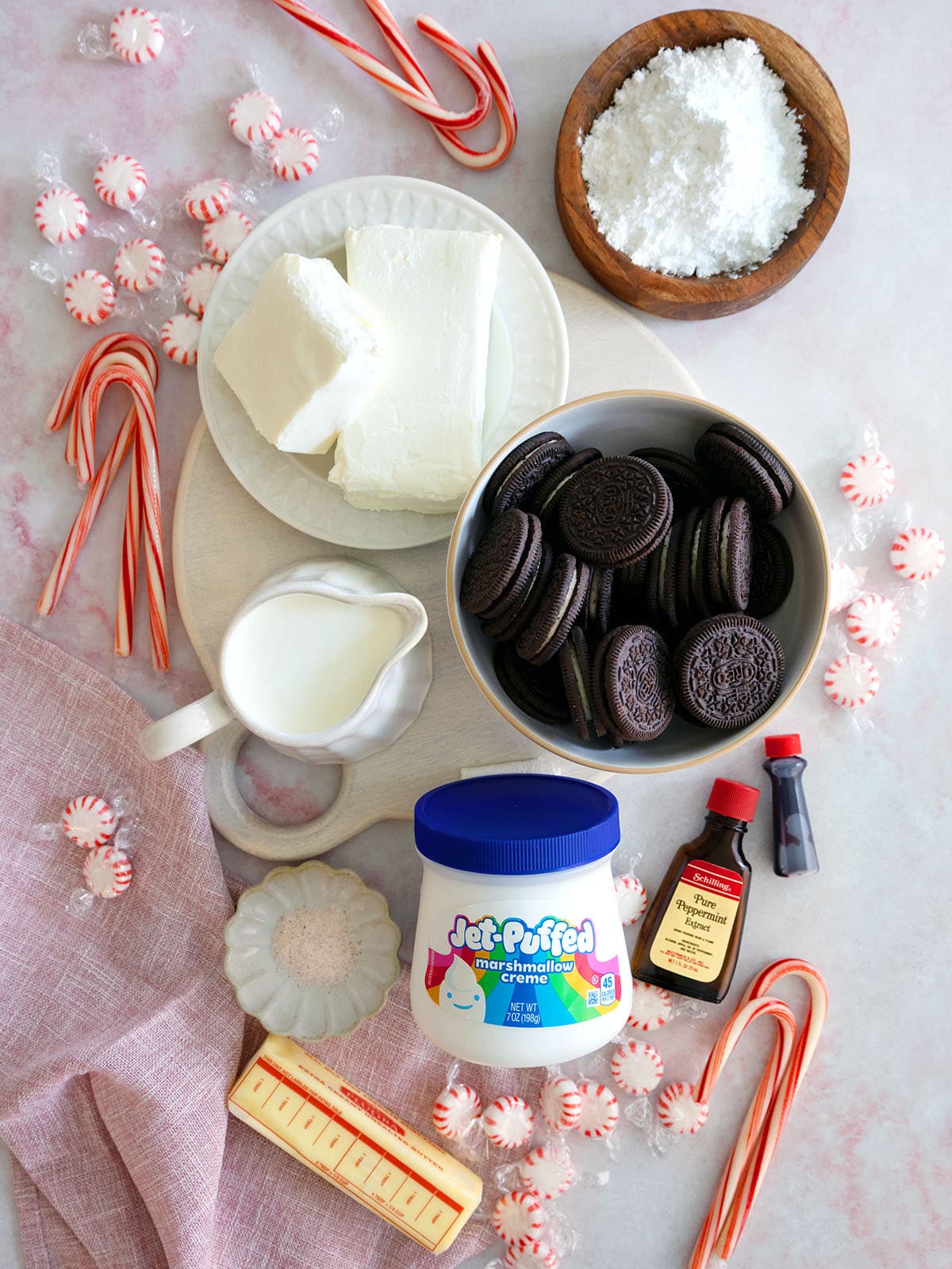 Ingredients needed to make peppermint pie.
